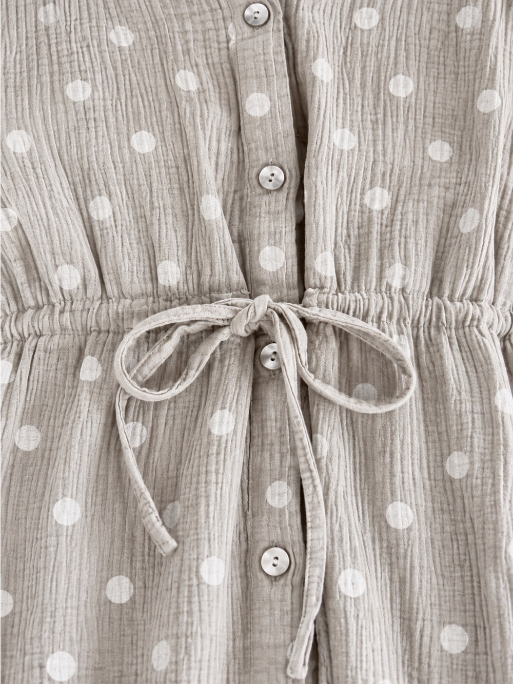 Polka Dot Drawstring Shirt Dress - Beige/White-S/M - Picture 4 of 6